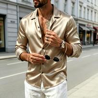 Men's Satin Long Sleeve Cuban Collar Shirt Color Loose Fit Smooth Drape Casual Open Front Top for Spring and Fall S white