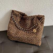 Large Capacity Brown Tweed Tote Bag with Chain Strap Minimalist Style Commuting and Daily Use Durable Handle Shoulder Bag KTB 35x9x34cm