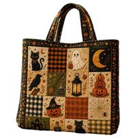 Spacious Casual Handbag for Travel Halloween Quilted Tote Bag, Pumpkin Ghost Cat Print Shoulder Fashionable Graphic Lightweight Polyester Reusable J black