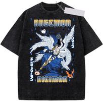 2026 Anime Digimon Angemon Patamon Washed Cotton Tshirt Summer Streetwear Classic Graphic Cartoon Short Sleeve Tshirt XL gray