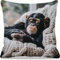 1pc Chimpanzee Relaxing with Phone Pillow Cover - Soft Polyester Fabric, 44.96x44.96 cm, Machine Washable, Zipper Closure, Contemporary Style for Home 66X66CM
