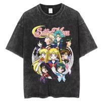 2026 New Sailor Moon Anime Quality T-Shirt Men and Women Cotton Vintage Washed Print Retro Streetwear Sports Fitness Tops 4XL