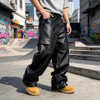 Men's Loose Fit Leather Cargo Pants Straight Leg Casual Trousers, Vintage M gray