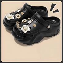 Woman Diy Cave Hole Silver Chains Fresh Clog Decor Trend Bear Kids Students Autumn Beach Sandals Summer Sping Garden Shoes 39-40 black