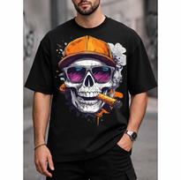 Skull Wearing Orange Cap And Fashion Glasses Smoking Cigar unisex Casual T Shirt Short Sleeve Tee Top XXXXL black