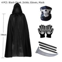 4pcs Halloween Adult Grim Reaper Costume Props Mask Masquerade Black Cloak Sickle Nightlight Touch Screen Gloves Mask black