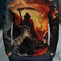 Men Long Sleeve T‑Shirt Grim Reaper Scythe Skull Castle 3D Print Gothic Halloween Street Casual Top M brown