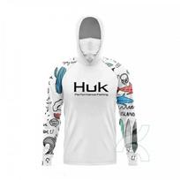HUK Long Sleeve Hooded Fishing Shirt UPF 50 Lightweight Sun Protection Anglers S white
