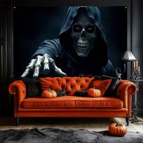 Grim Reaper Skeleton Hooded Figure Halloween Horror Theme Tapestry Spooky Living Room Decor Gothic Party Backdrop Scary Skull 100X70CM black