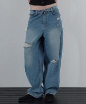 Unessin Fold-Over Waist Distressed Denim Pants Medium Blue/S gray