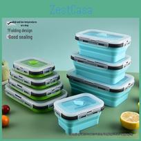 Collapsible Box Silicone Bento Lunch Microwave Food Grade Storage Container Gray-green border 350ml blue