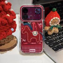 New Year's red embroidered pony bracket for Apple 17Promax mobile phone case IP16 festive 15 puff feather yarn 14 IPhone11Promax black