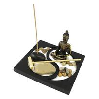 Sitting Buddha Ornament Statue Resin Zen Sand Garden Meditating Sculpture Set with Incense Stick Holder Style Two black