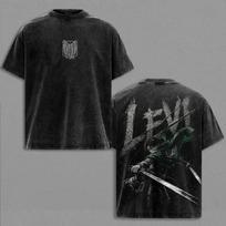 Vintage Washed Levi Print T-shirt Attack On Titan Anime Clothing Men Short Sleeve Cotton Tshirts Tee Casual Loose T Shirt 2XL black