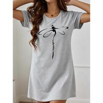 Dragonfly Printed Casual Short-Sleeved Nightgown for Women, Fashionable Summer Home Wear Pajamas, to Be Worn Outside 4XL gray