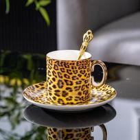 Šviesaus prabangaus leopardo rašto kaulinio porceliano kavos rinkinys: Puodelis, Lėkštutė, Šaukštelis, Puodelis (didesnis), Didelis puodas, Padėkliukas, Peilis, Šakutė, Peleninė gray