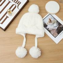 New Winter Thickened Cold-proof Plush Women's Cute Hairball Knitted Wool Ear Cap Warm Ski Hat one size beige