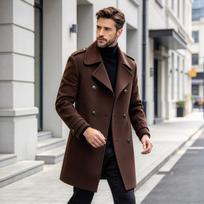 Men's Winter Woolen Coat, Warm Thickened Double-Breasted Mid-Length Trench Coat with Slant Collar XL