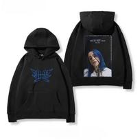 Billie Eilish Girl with A Pearl Earring White Rock Font Metal Graphic Print Hoodie Men Women Oversized Pullover Streetwear Hip Hop Fashion Sweatshirt S black