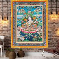 Tibetan Thangka Buddha Protector Tapestry, Retro Buddhist Spiritual Wall Hanging, Aesthetic Yoga Altar Home Decor 40 x 60 cm Peach Skin Tapestry – 1 Piece blue