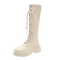 Aukštos kokybės avalynė moterims Suvarstomi moteriški batai rudeniniai apvalūs batai kieto aukšto vamzdžio blokinio kulno madingi batai Zapatos Mujer 36 beige