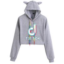 Women Tik Tok Short Pullover Hoodie Spring Autumn Sweatshirt Jumper Crop Tops Gray White,2XL gray