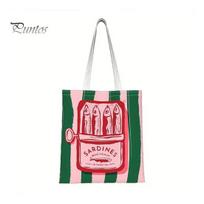 Womens Casual Daily Bag Striped Canvas Tote, Sardine Can Pattern, Reusable Shopping Bag, Foldable Heavy Duty Tote for Women Men Gym Beach Commuting white