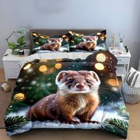 3Pcs Christmas Winter Ferret Duvet Cover Set Snow Pine Tree Holiday Animal Bedding Single Double King Queen Gift EU Single 135*200cm/53x79in 3pcs gray