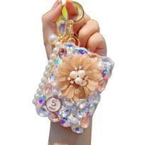 Bling Rhinestone Folding Makeup Mirror Travel Pocket Mirror Keychain Double-Sided with Beaded Wrist Bag Charm 5 beige