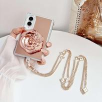 Case for Samsung Galaxy Z Fold 8 Ultra 7 6 5 4 3 with Mirror Stand Detachable Crossbody Chain Mirror Back Cover for Women Phone Bumpers for Samsung Z Fold8 rožinė