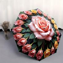 Automatic Folding Umbrella with Large Central Rose & Smaller Roses - Portable Collapsible Design, 8-Rib Iron Frame, Durable 21 Iron&8K gray