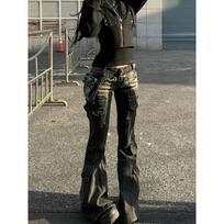 Low Waist Cargo Jeans 2000s Distressed Whiskers Multi Pocket Stretch Bootcut Pants Women Retro Grunge Streetwear XS black