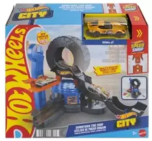 Hot Wheels Miesto centro padangų dirbtuvių rinkinys su 1:64 mastelio žaisliniu automobiliu