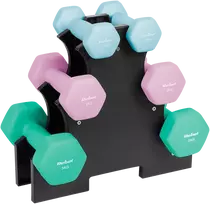 HEX ketaus neopreno hantelių rinkinys 12 kg su stovu (2x1kg+2x2kg+2x3kg), REBEL ACTIVE