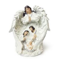Kalėdinė prakartėlė su angelu ir Šventosios Šeimos figūrėlėmis, balta ir sidabrinė, 19 cm