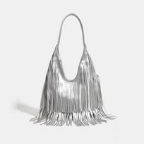European Fashion Oversized Pu Tote With Tassels For Casual Day Out In Black Or Gold gray