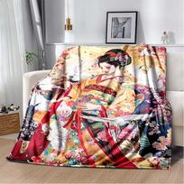 Traditional Japanese Geisha Floral Print Flannel Blanket, Red Kimono & Umbrella Throw Blanket 130cm x 150cm