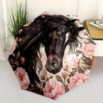 Horse Floral themed, Eight ribbed, Self folding umbrella Is Suitable for Everyday Outdoor Use and Is An Ideal Gift for Friends and Family, A black