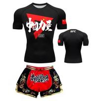 MMA Boxing Training Set Quick-Dry Short Sleeve Top Shorts Muay Thai Kickboxing Gym Workout Kids XXL Recommended Height 130cm black