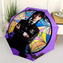 Wednesday Addams, Gothic Style Automatic Folding Umbrella  8 Ribs, Durable Iron Frame, Bright Color Pattern Compact Travel Umbrella, Suitabl purple