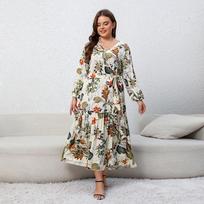 France Middle East hot sale, spring and autumn large size dress chiffon printing long sleeve V neck loose dress 4XL gray
