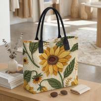Sunflower Embroidery Casual Tote Bag Daily Use Large Capacity Handbag black