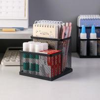 Black Mesh Desk Organizer with Pencil Holder And Storage Baskets 3 Compartments Office Supplies Caddy for Desktop Accessories