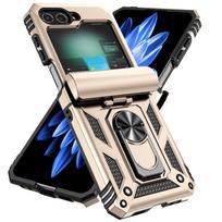 Skirta Samsung Galaxy Z Flip 6 5 4 3 dėklas su slankiojančiu objektyvo dangteliu, 360° magnetinis žiedas-stovas, patobulintas karinio lygio smūgiams atsparus For Galaxy Z Flip 5 auksas
