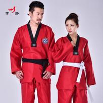 Taekwondo uniformos komplektas su siuvinėjimu, spausdinimu, diržu, baltas, raudonas, mėlynas, medvilninis Gi, treniruočių, pasirodymų, vaikams, suaugusiems XXL raudona