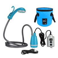 Lauko stovyklavimo dušo siurblys, USB įkraunama dušo galvutė su sulankstomu kibiru, skirta žygiams kempinguose Shower Pump with Collapsible Bucket mėlyna