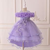 Blizgučiais puošta princesės šleifo suknelė mergaitėms - Pūsta tiulinė vestuvinė ir vakarinė suknelė pasirodymams 130cm/6Y šviesiai violetinė spalva