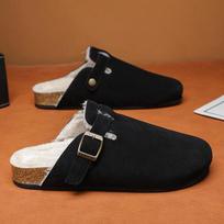 Men's Women's Suede Faux Fur Lined Clogs Buckle Strap Cork Sole Warm Slippers 43 black