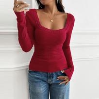 Women's Solid Casual Slim Fit Threaded U Neck Lace Long Sleeve T-Shirt L raudona