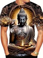 Men Buddha Head Red Flower Graphic T-shirt Summer Short Sleeve O-Neck Religious Spiritual Casual Streetwear Tee Tops M white